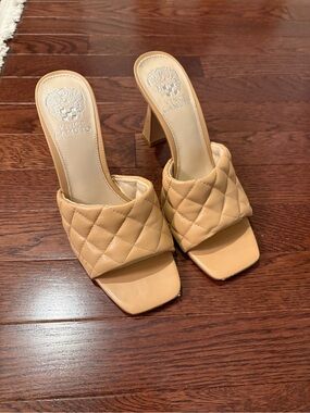 Vince Camuto Quilted Slide Mule Heels in Tan